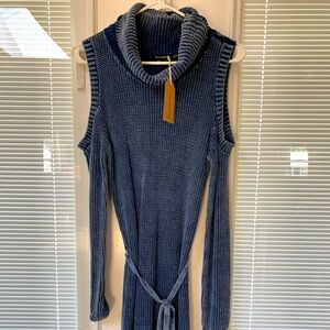 Blu Pepper brand blue sweater dress, NWT. Size L. Cold shoulder, ties at waist.
